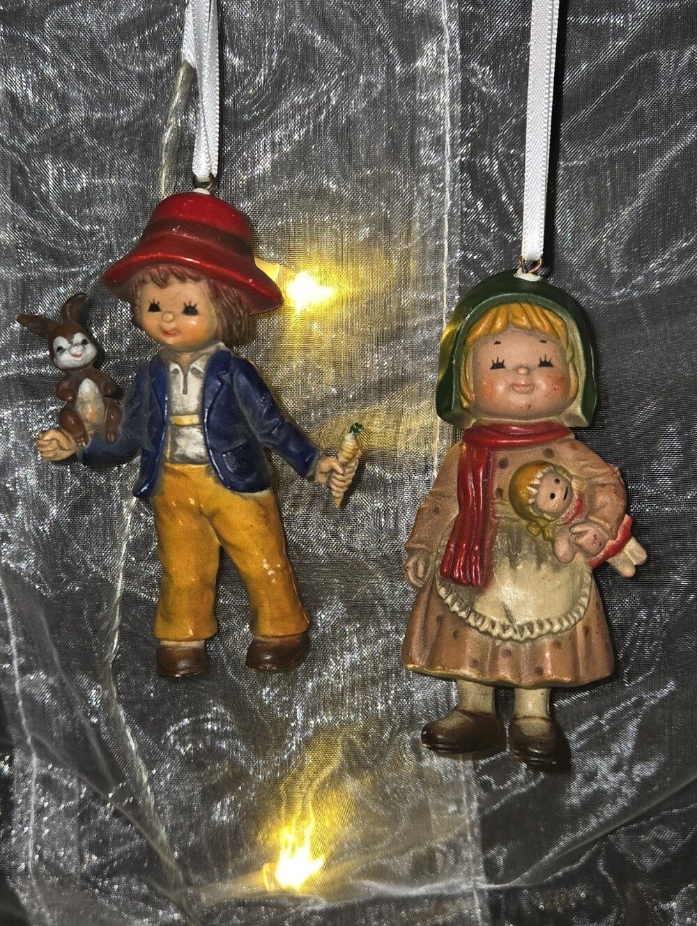 Hand-Painted Boy and Girl Ceramic Ornaments in Red, Blue, Yellow and Green 1970